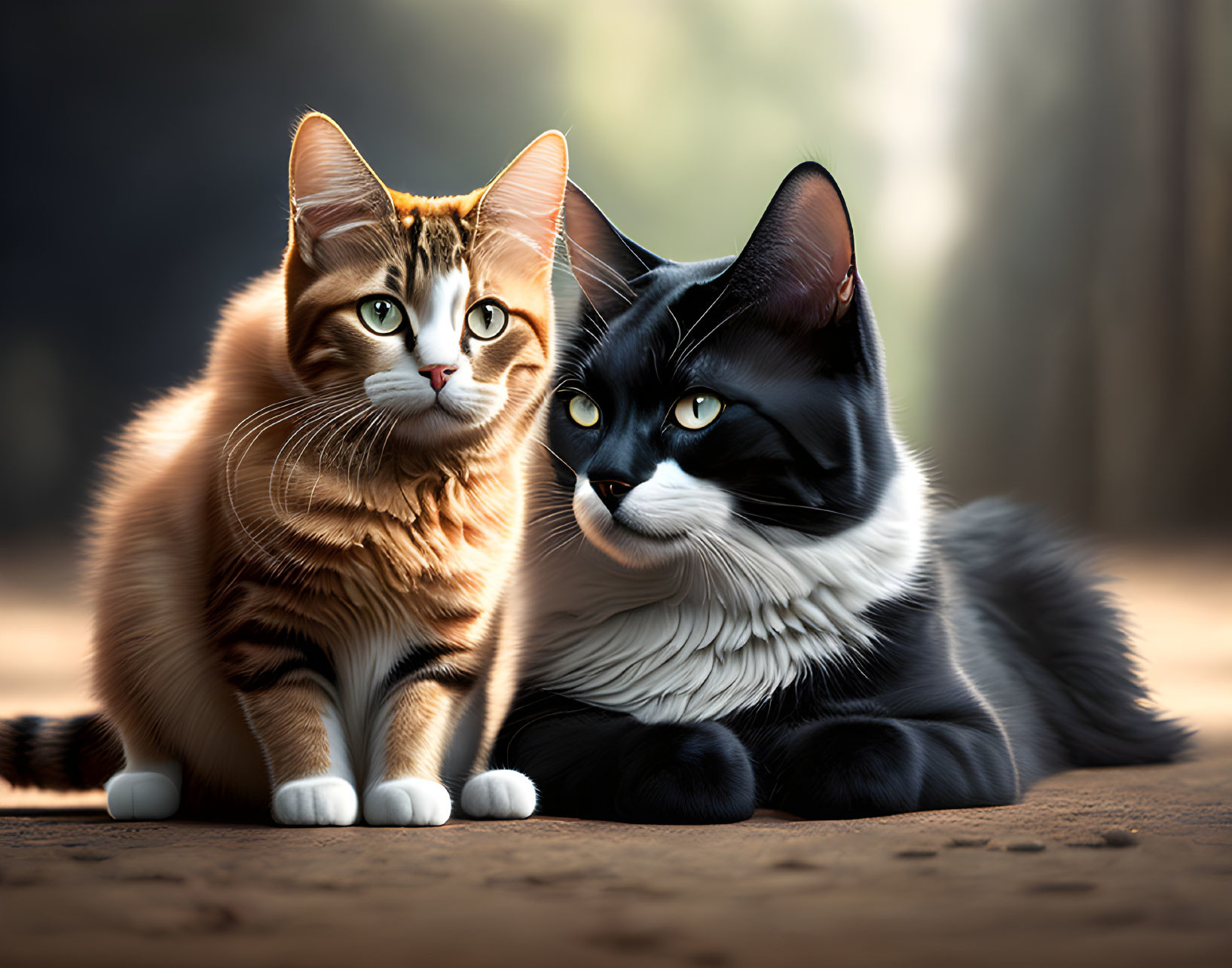 Two cats, one orange and white, the other black and white, sitting in a forest setting.