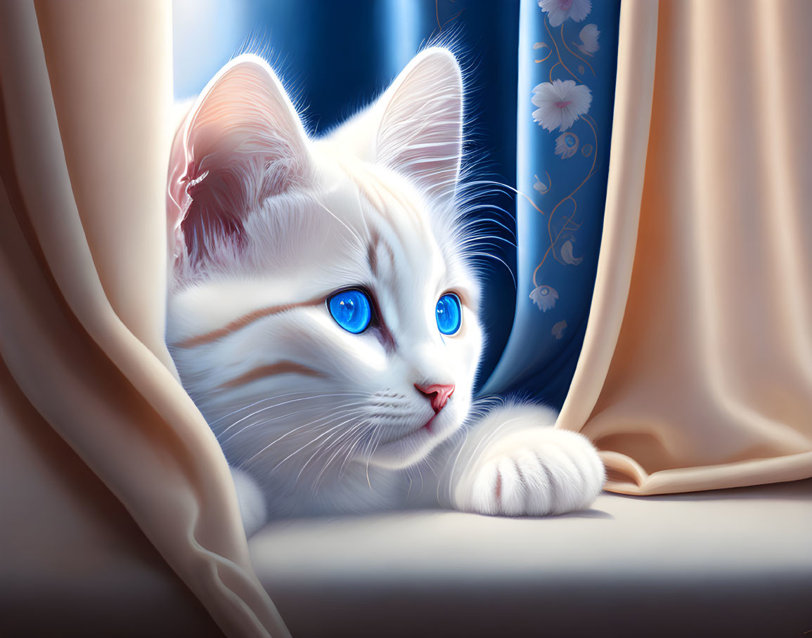 White Cat with Blue Eyes Peeking from Floral Curtain in Soft Light