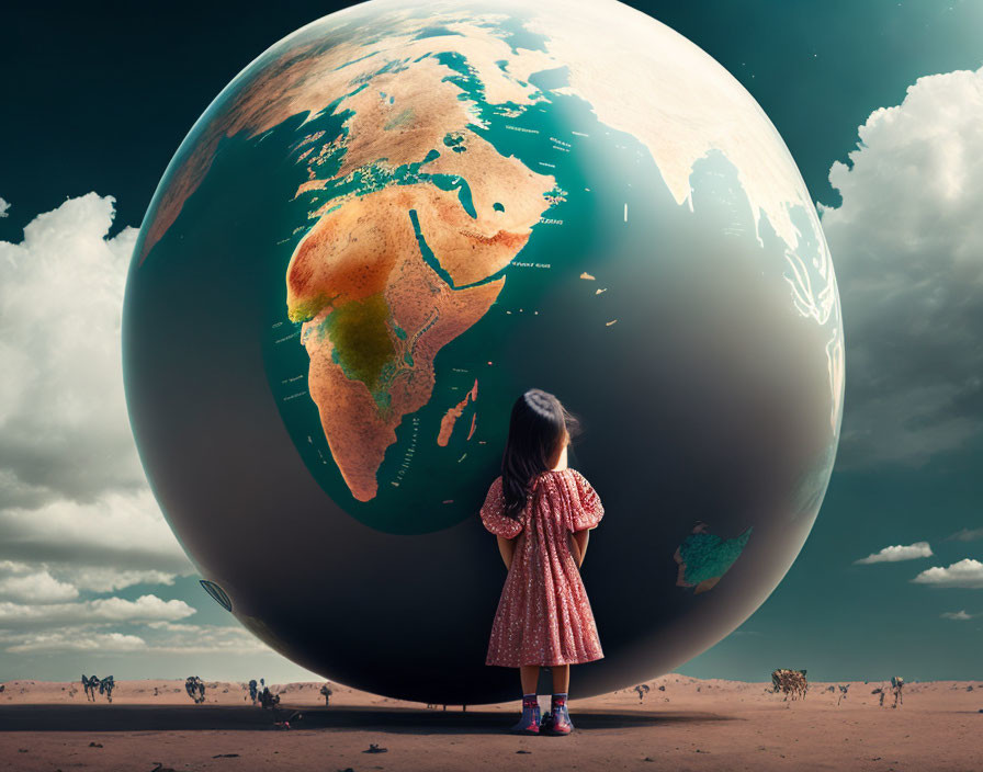 Young girl in dress with giant globe in desert landscape