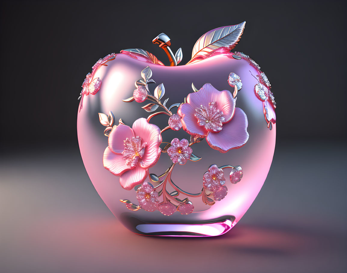 Stylized glossy apple with pink floral patterns and jewels, branch with leaves and feather