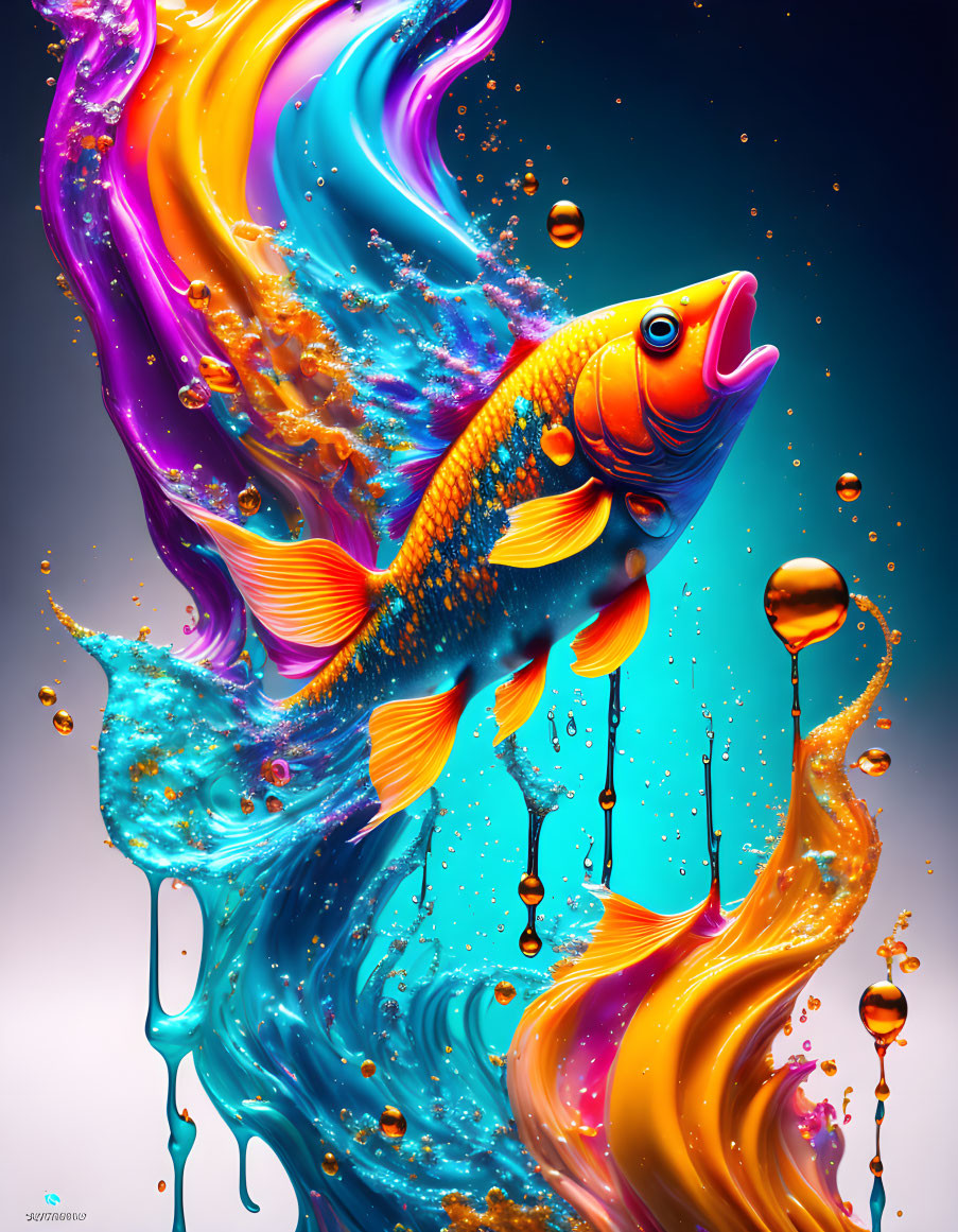 Colorful Fish in Swirling Liquid Shapes on Purple Background