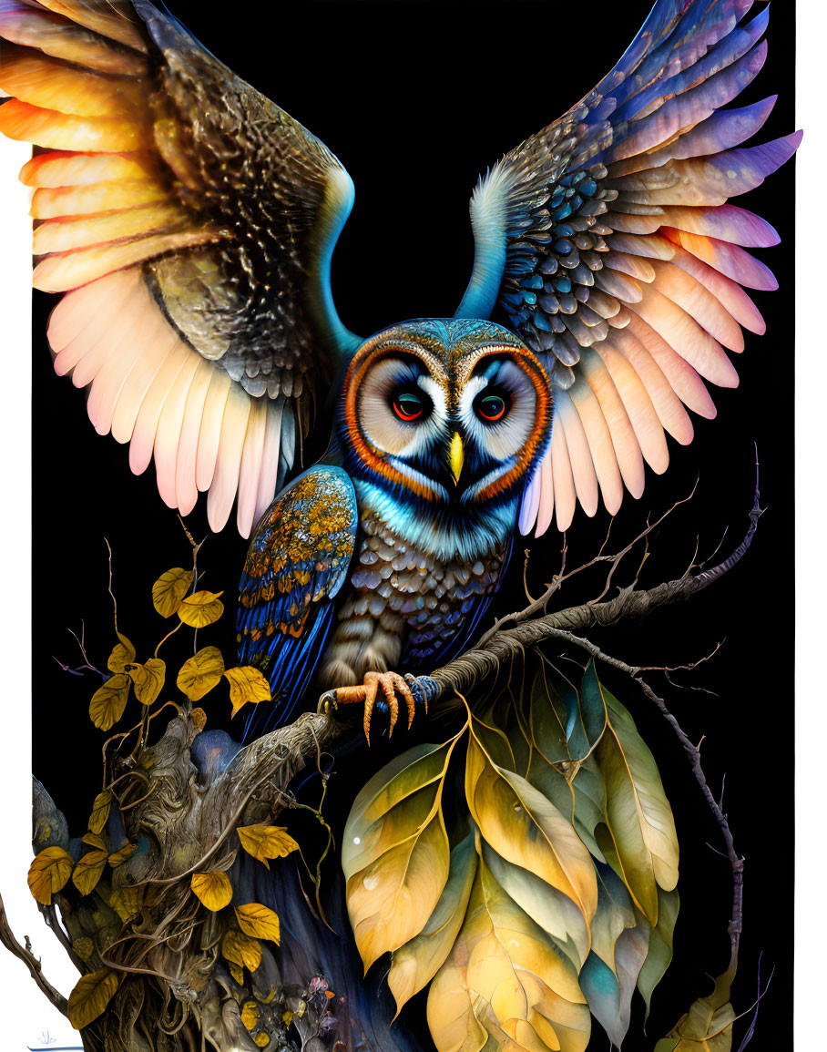 Colorful Owl Illustration Perched on Branch with Yellow Leaves