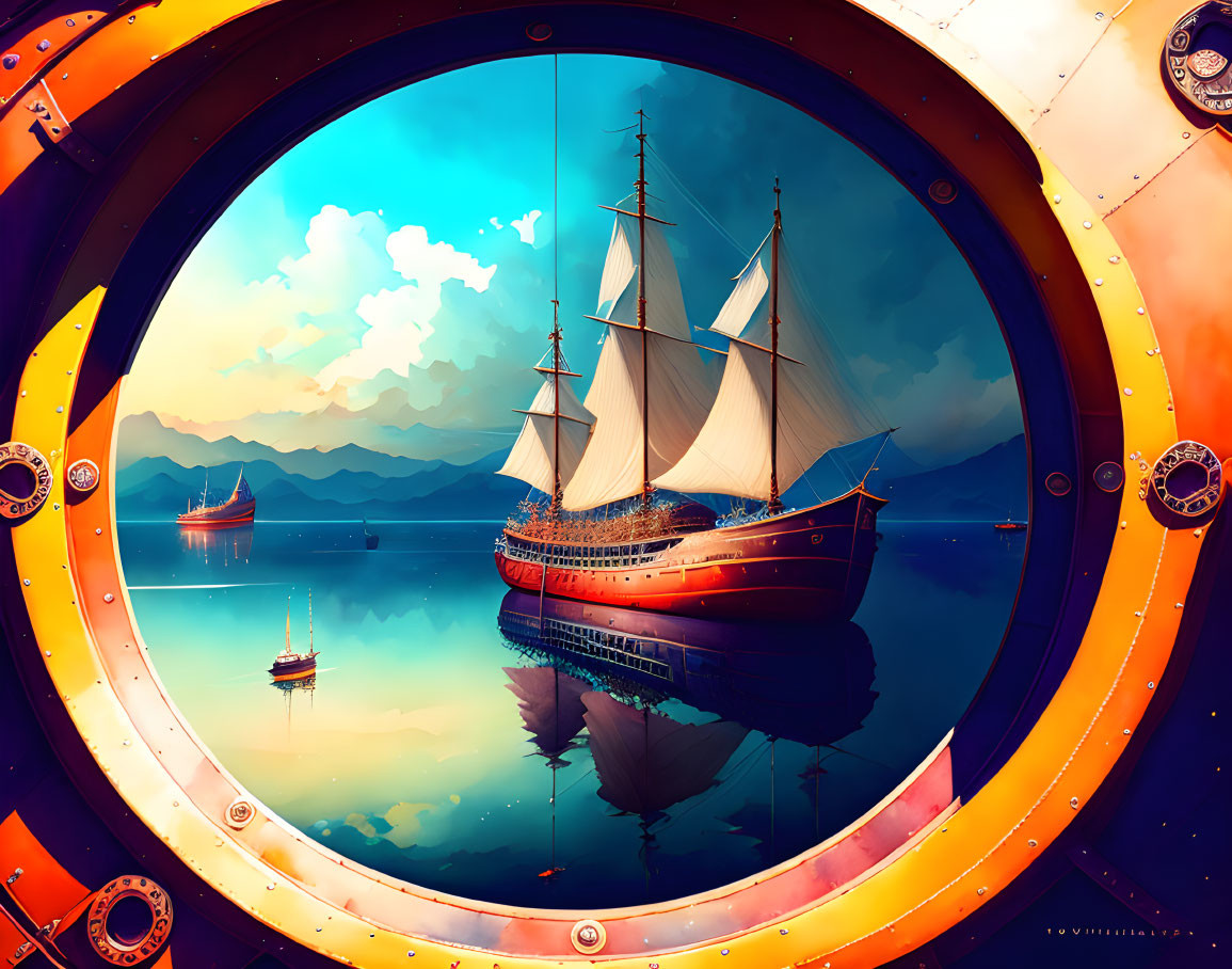 Colorful submarine porthole view: sailboats on calm sea at sunset