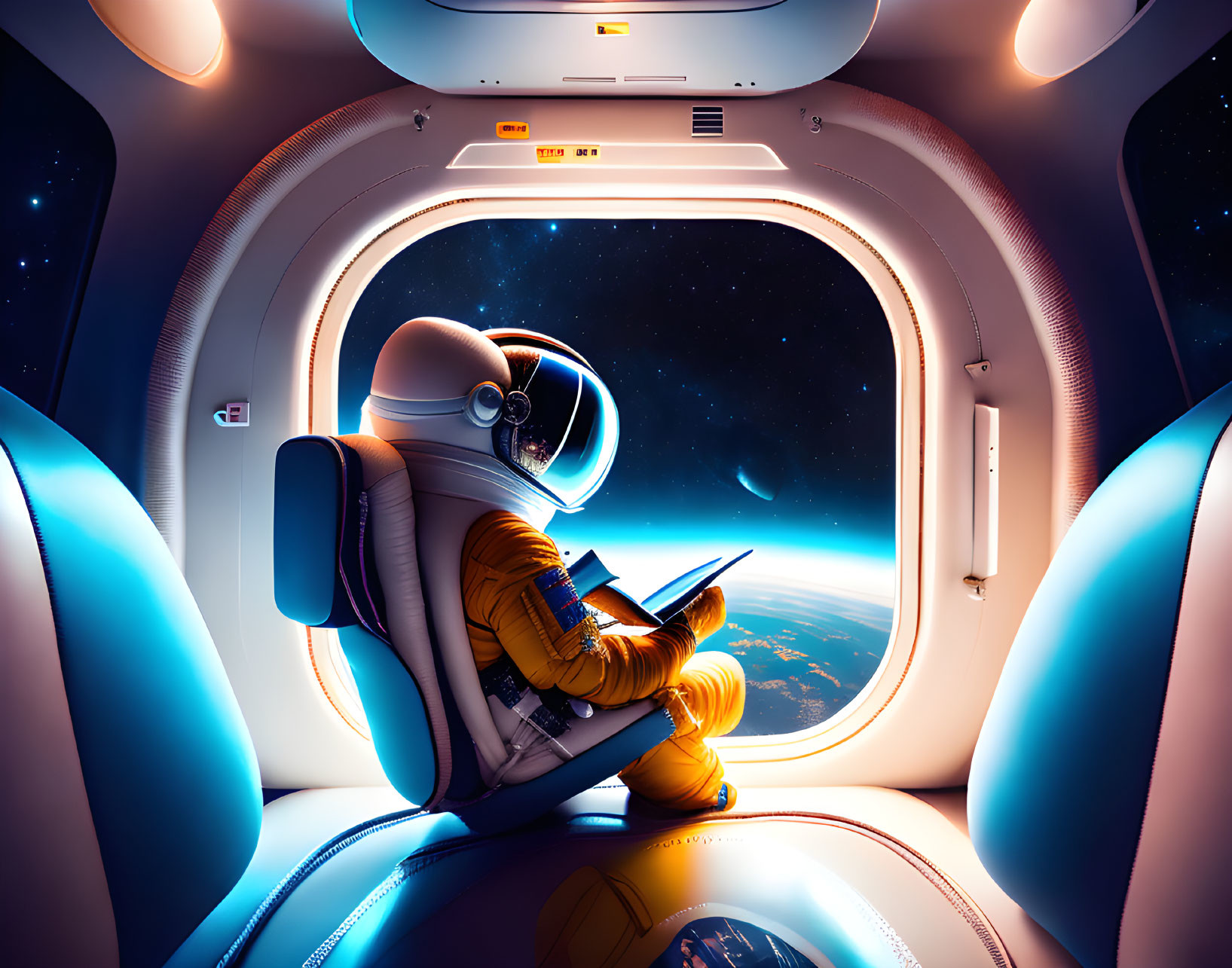 Astronaut in yellow suit with tablet by spacecraft window Earth's curvature and stars visible