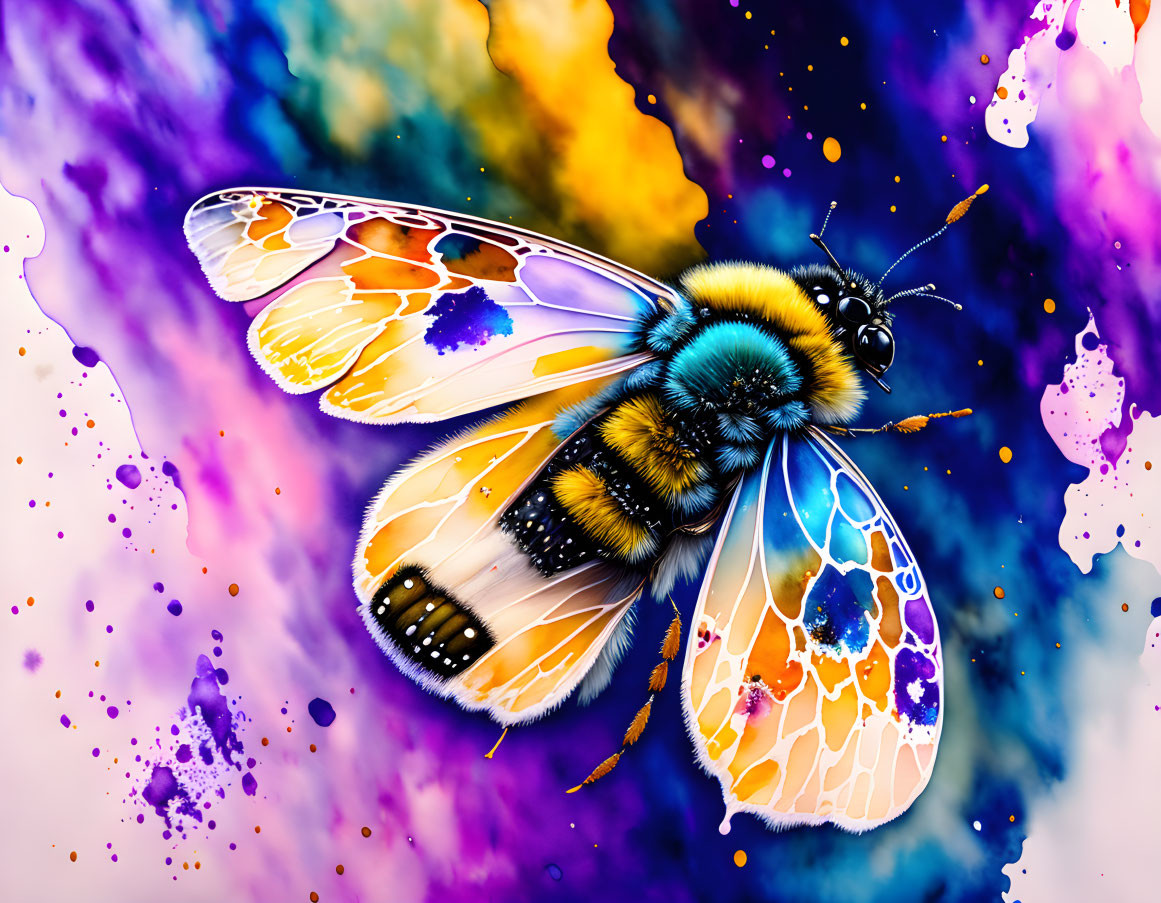 Colorful Bee Artwork with Translucent Wings on Psychedelic Background