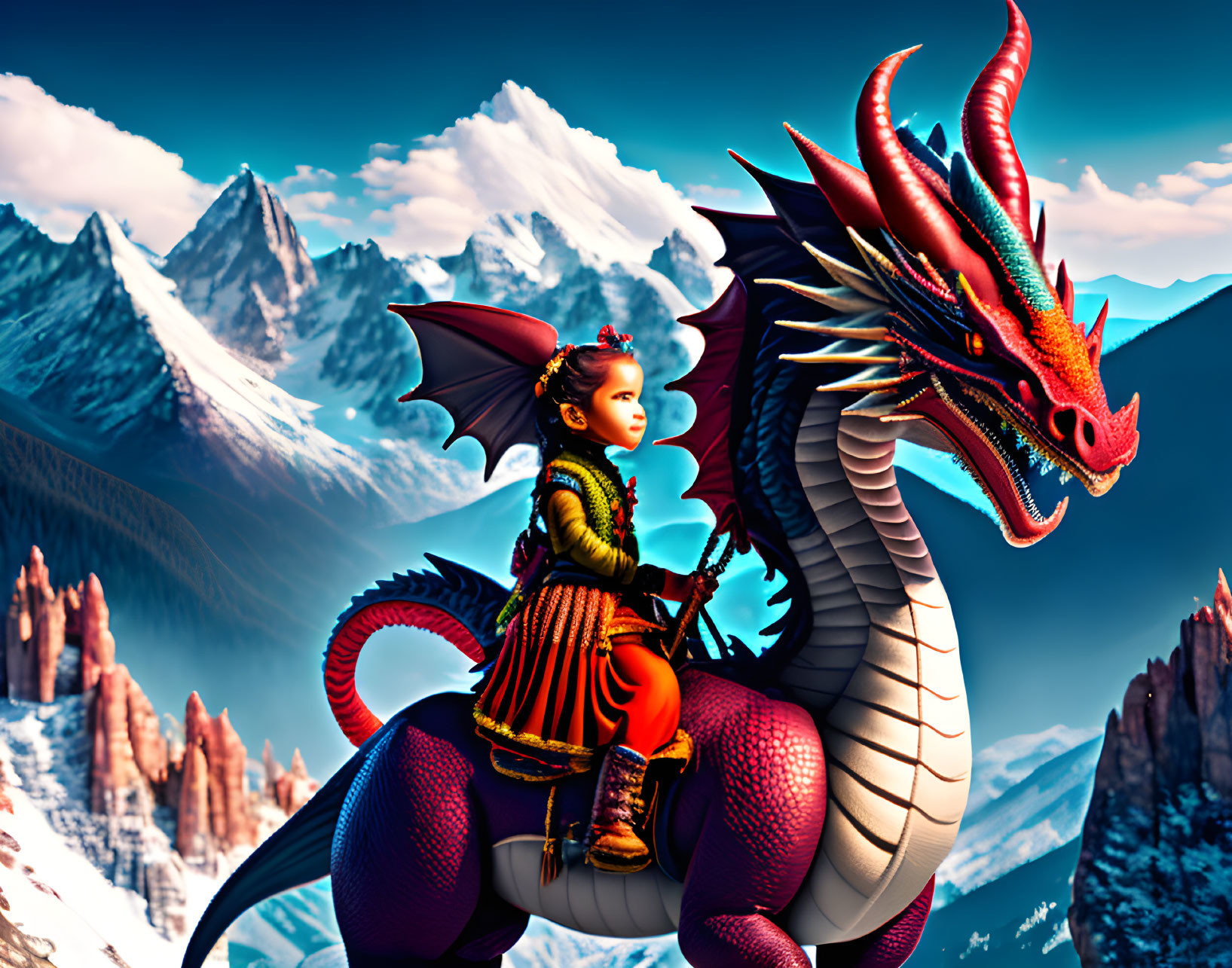 Child in regal attire riding red and black dragon in snowy mountain scenery