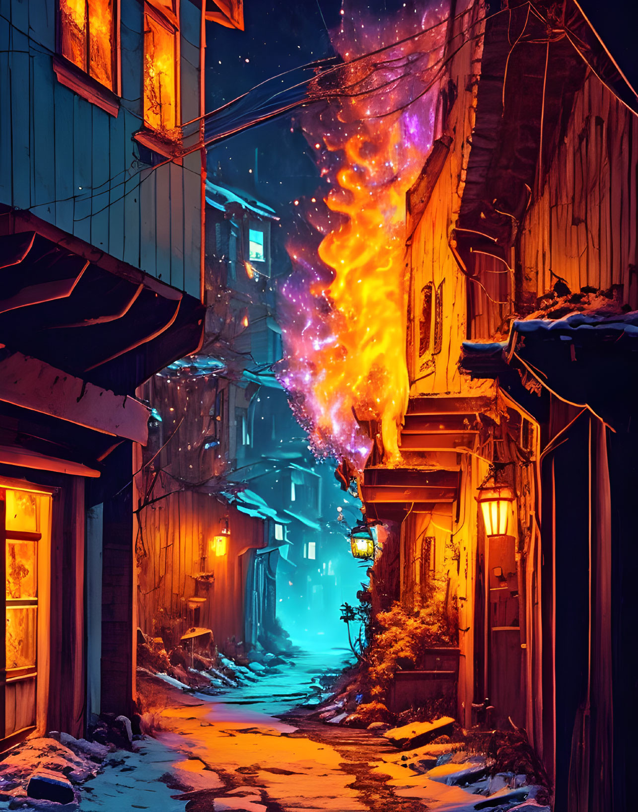 Snow-covered alley at night with warm window lights and fiery swirl in starry sky