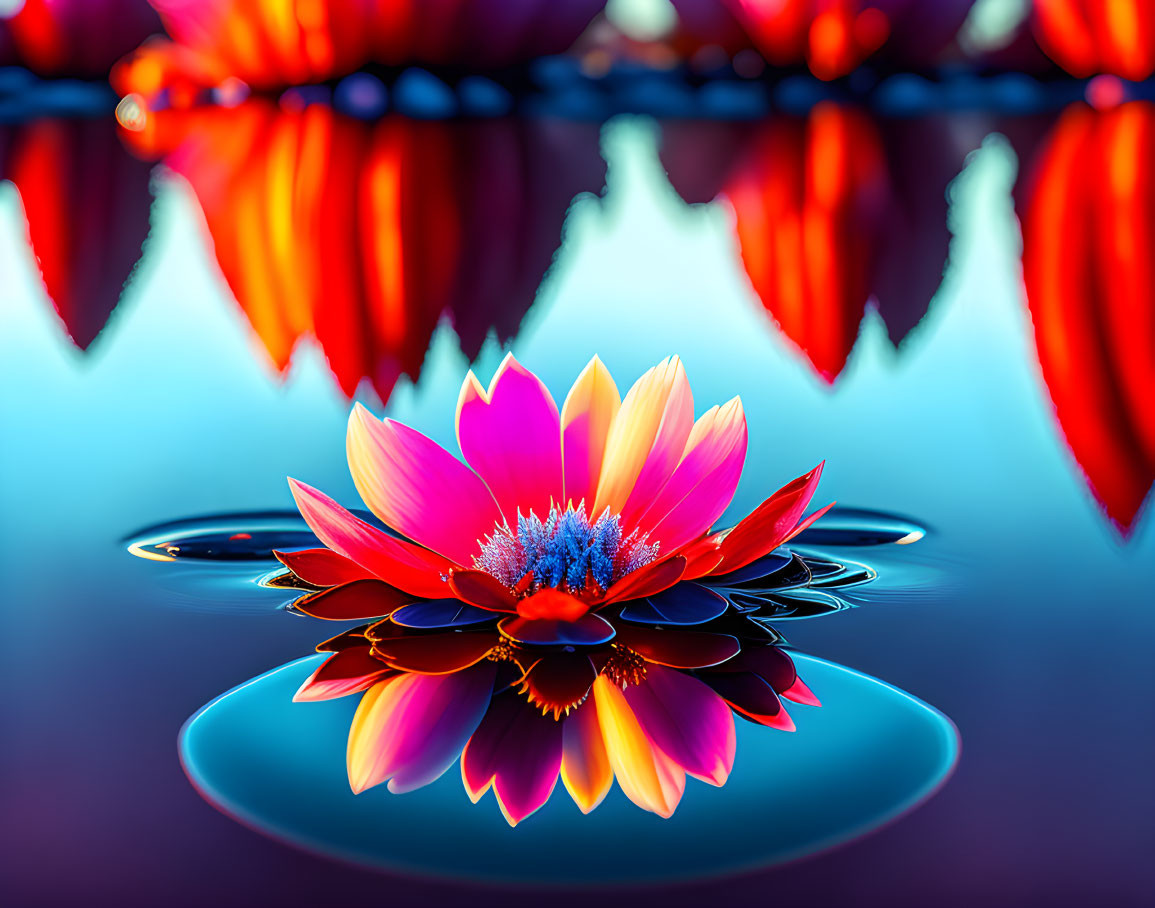 Multicolored lotus flower floating on serene water with reflections