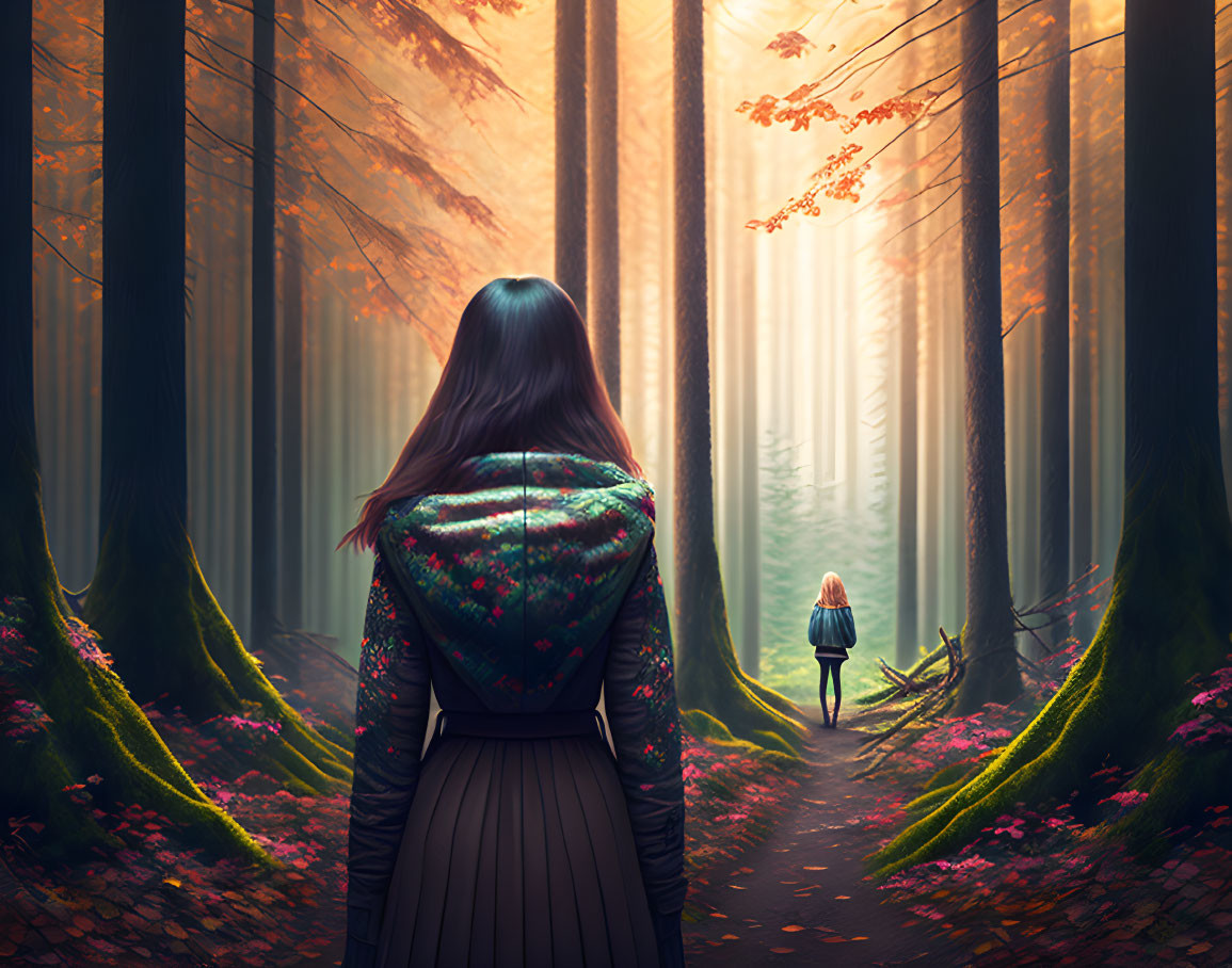 Person in Patterned Jacket Walking in Vibrant Forest with Child