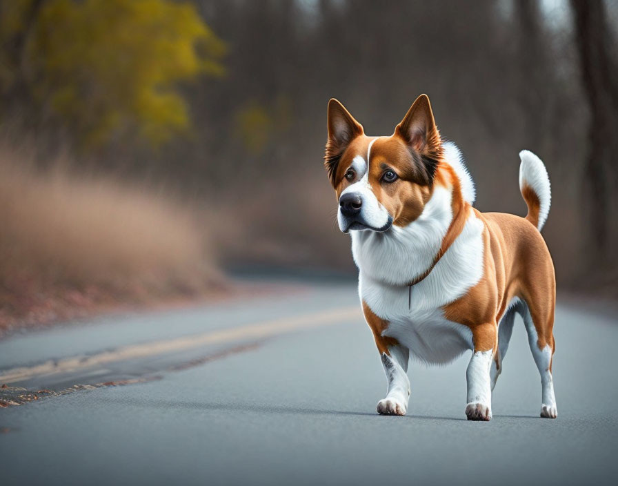 Brown and White Dog on Asphalt Road Surrounded by Autumnal Trees