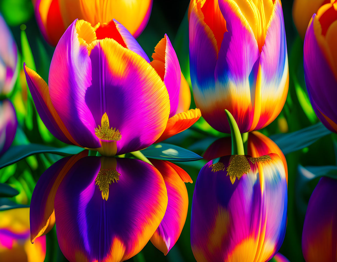 Colorful Tulips in Orange, Purple, and Yellow with Sunlight on Green Background