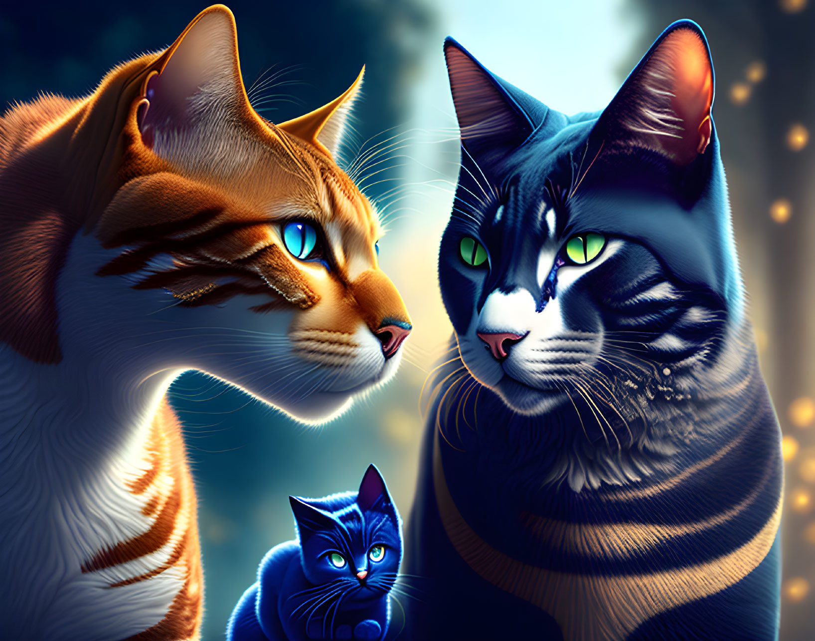 Hyper-realistic orange and gray striped cats with green eyes next to a small blue cat.