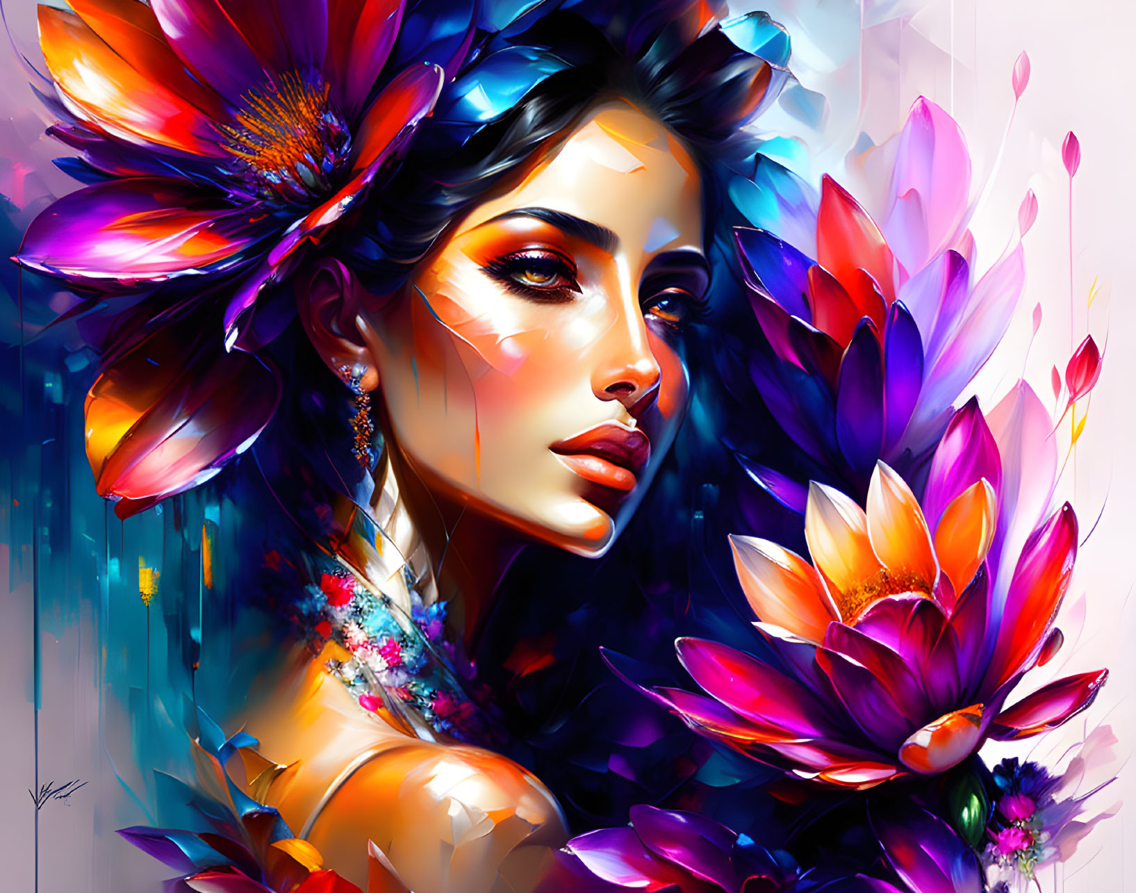 Vivid Flower-Integrated Portrait of a Woman with Colorful Brush Strokes