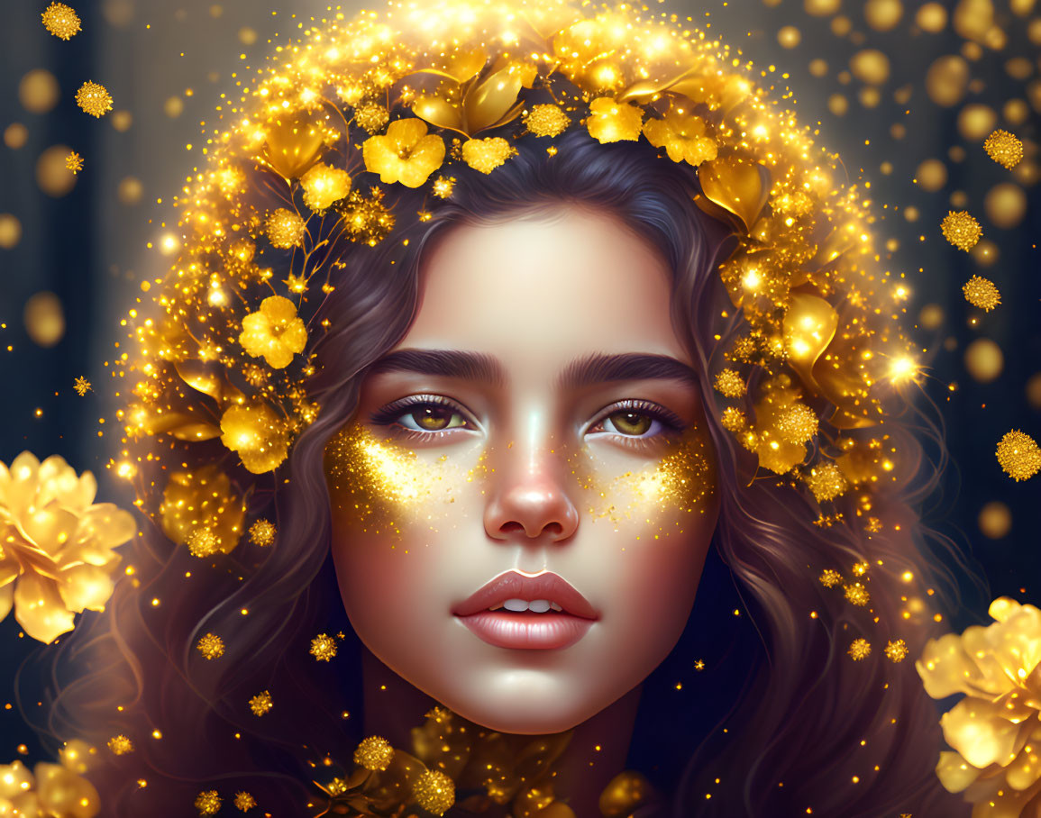 Woman portrait with golden flowers and glowing particles for a magical vibe