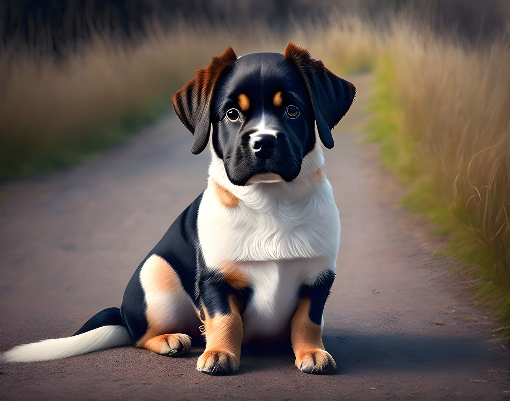 Tricolor Puppy with Glossy Coat on Path with Golden Foliage