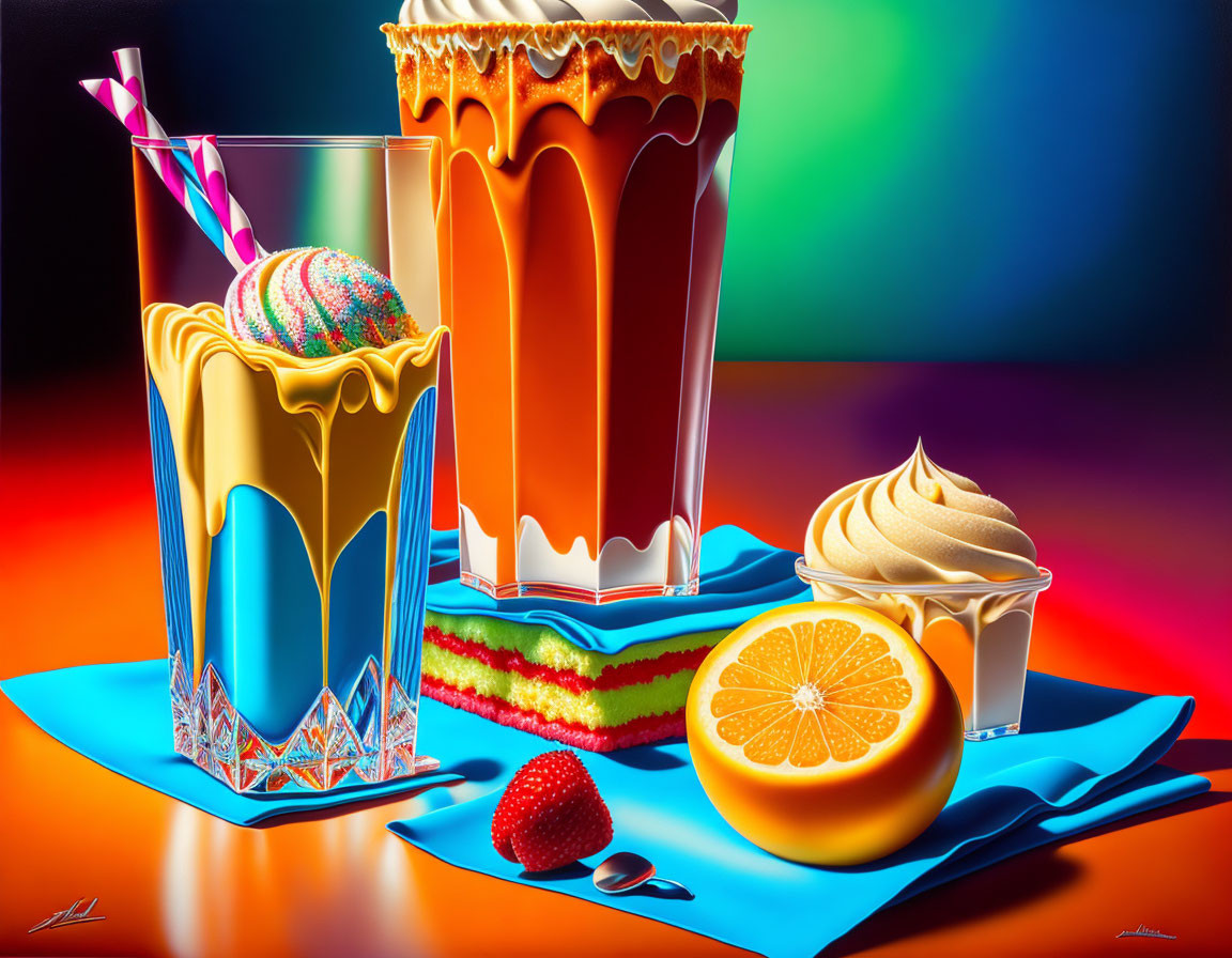 Vibrant digital artwork of dessert spread with caramel, milkshake, cake, orange, strawberry,