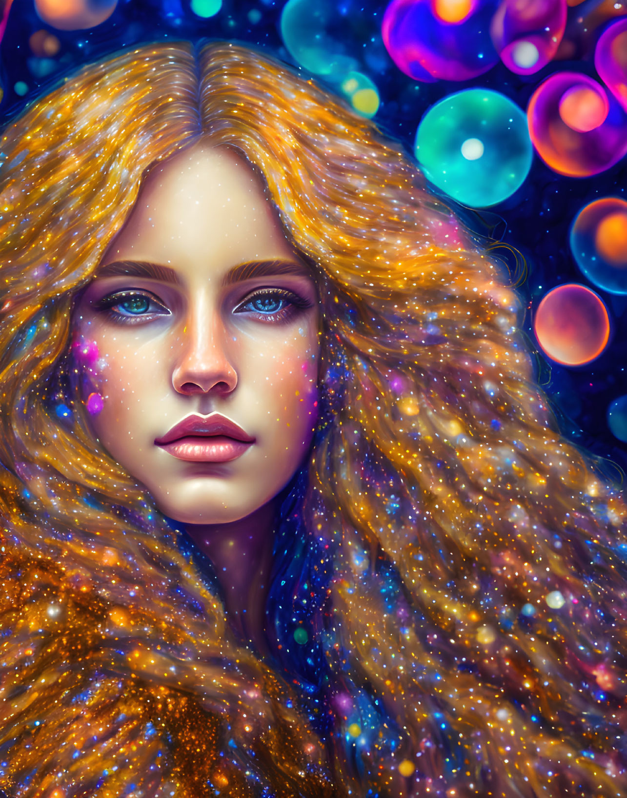 Vivid portrait of woman with golden hair in cosmic setting