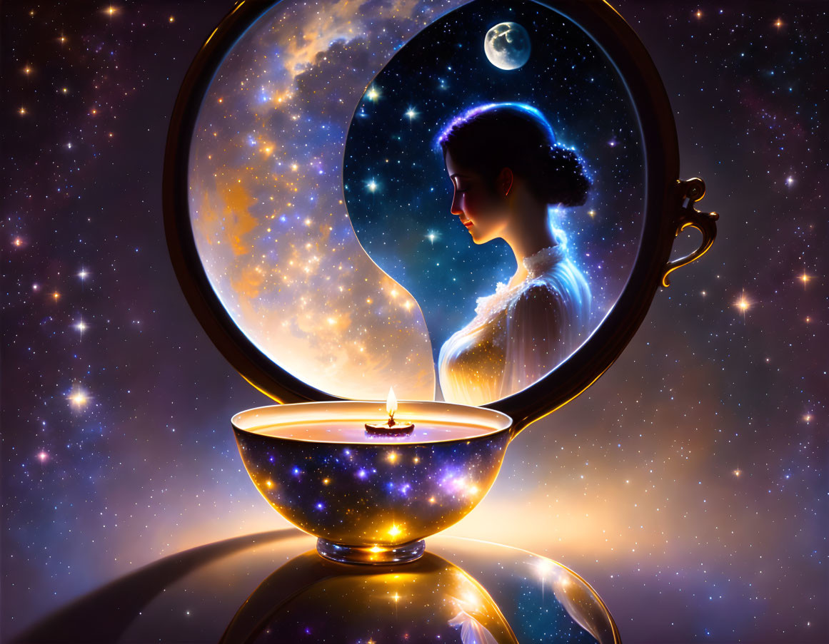 Surreal cosmic mirror reflection with woman silhouette and candle glow