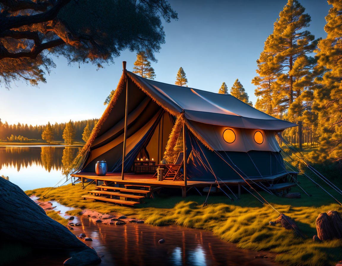 Canvas tent pitched by tranquil lake at sunset with pine trees, wooden deck, warm glow.