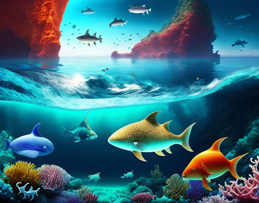 Colorful Fish and Coral Reefs in Split Underwater Scene