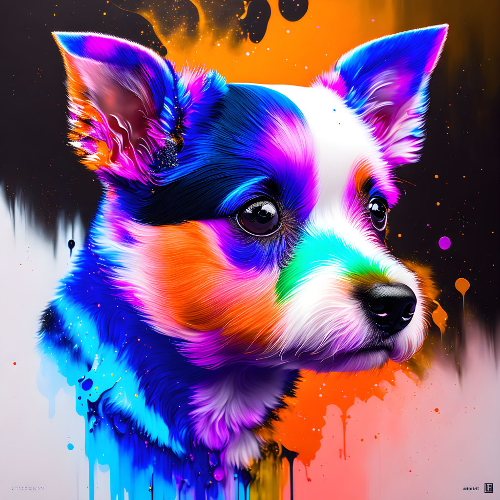 Colorful Abstract Portrait of Dog with Paint Splatters