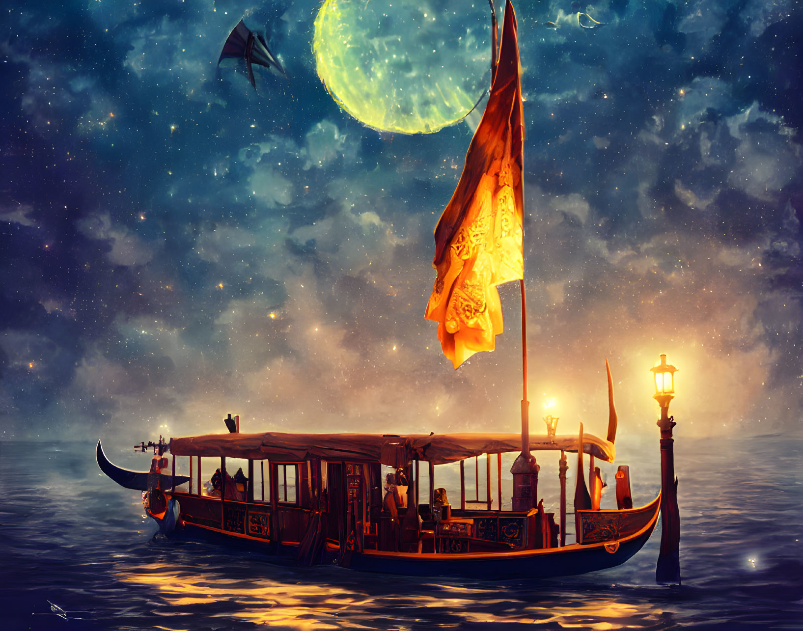 Boat with Glowing Lanterns Under Starry Sky