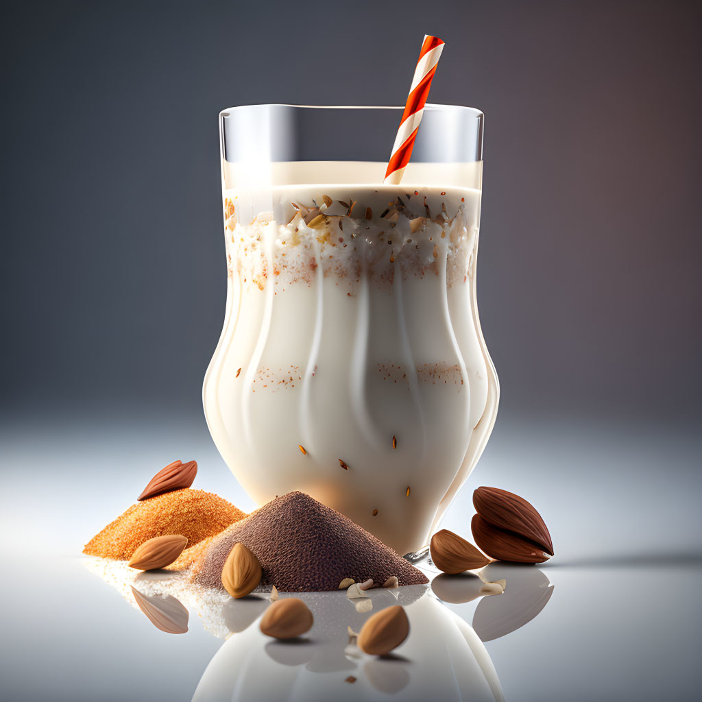 Striped straw in glass of milk with spices, almonds, and sugar on reflective surface