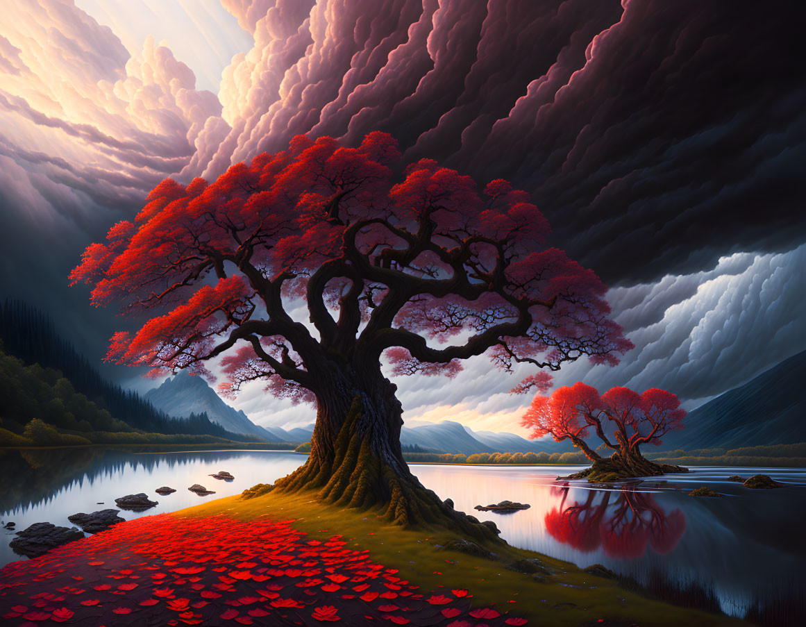 Ethereal landscape with red-leaved tree by calm lake under dramatic sky