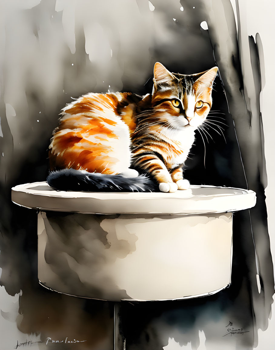 Orange and White Cat on Round White Surface with Watercolor-Like Background