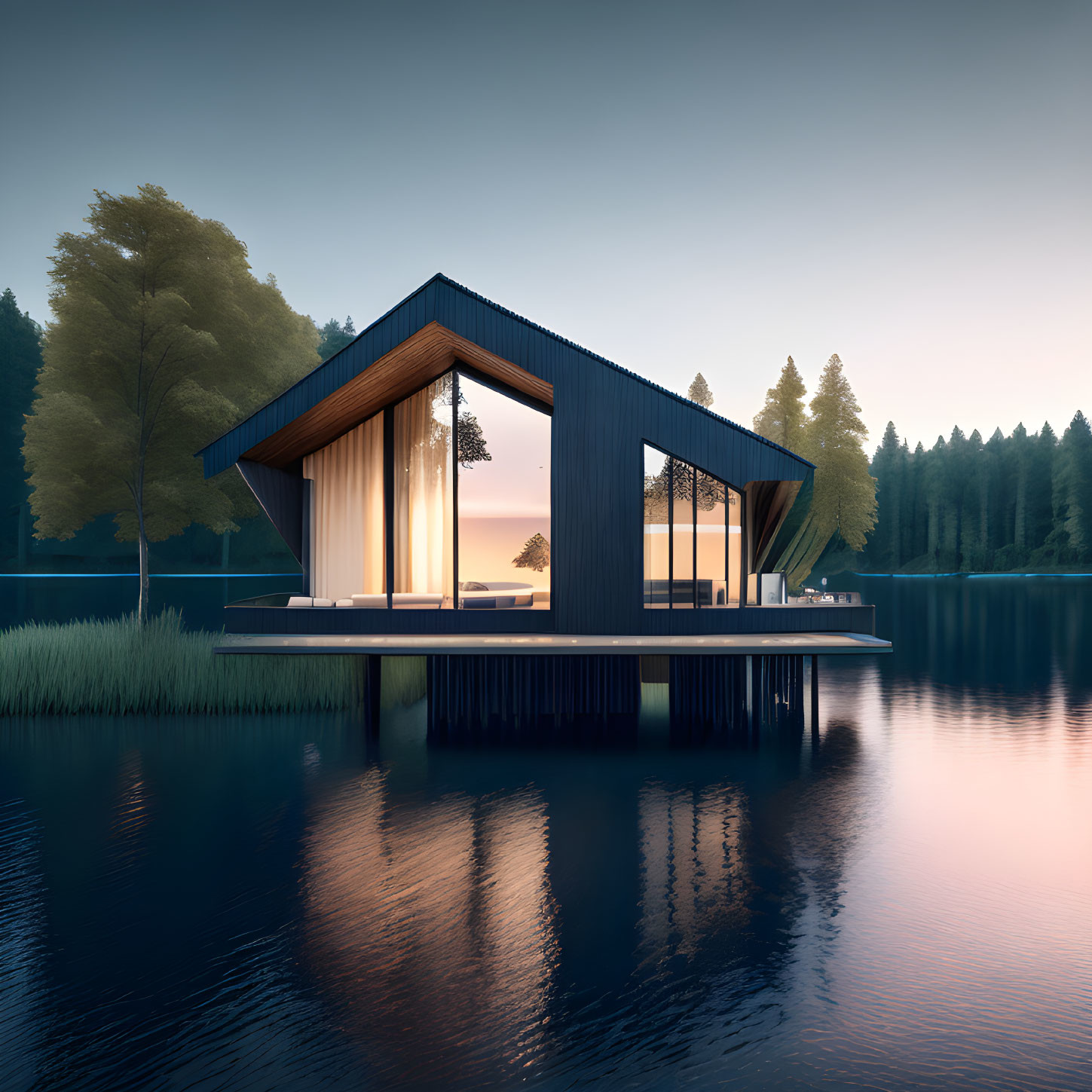 Unique Roof Design Waterfront Cabin Surrounded by Trees on Tranquil Lake