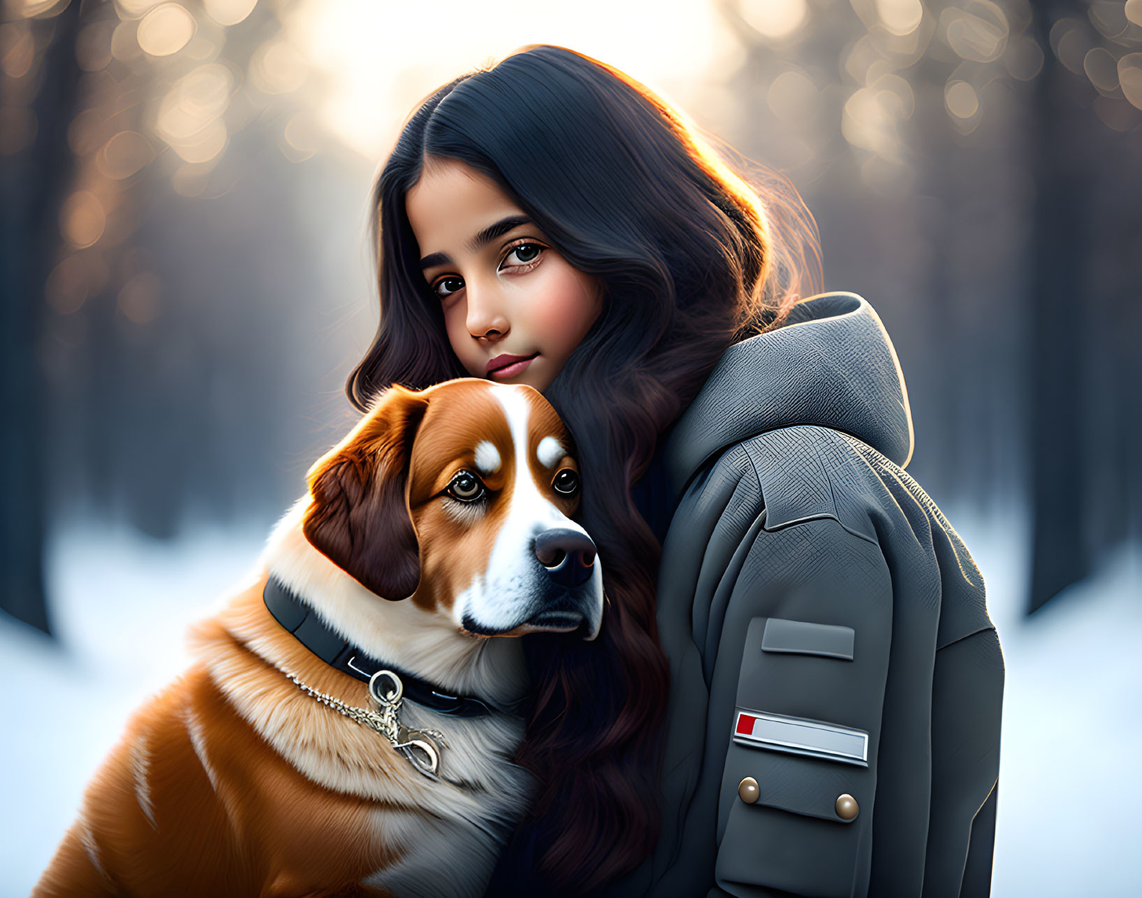 Woman with dark hair embraces brown and white dog in wintry forest