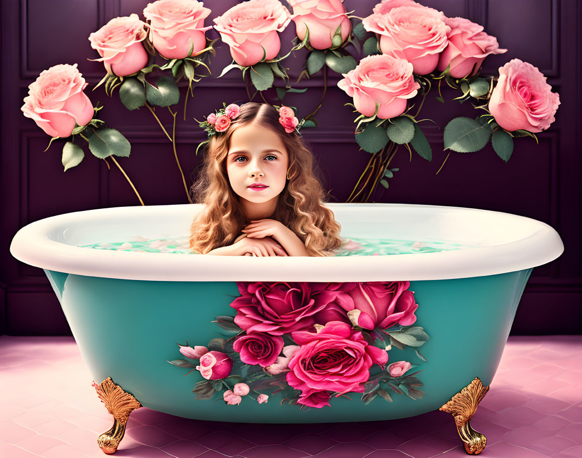 Girl with Floral Headband in Rose-Adorned Tub on Pink Background