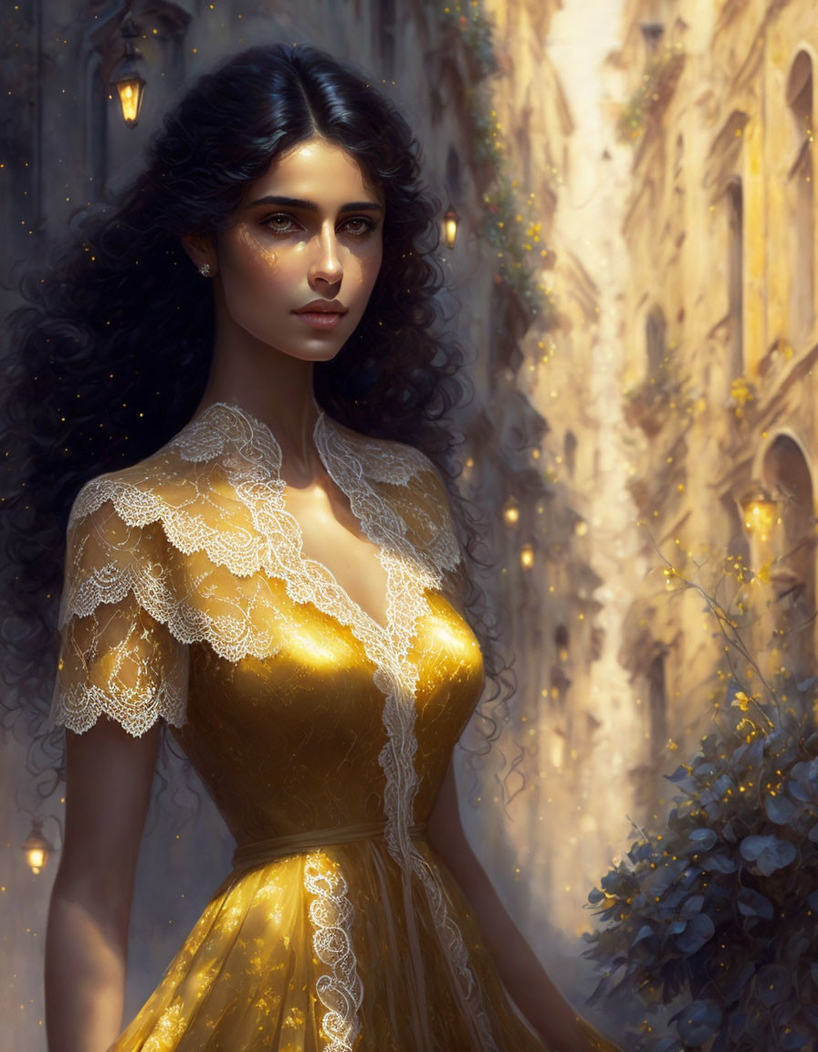 Dark Curly-Haired Woman in Yellow Lace Dress in Sunlit Alley