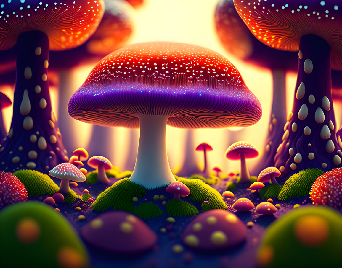 Colorful digital art: Mushroom forest with neon hues and glowing dots.