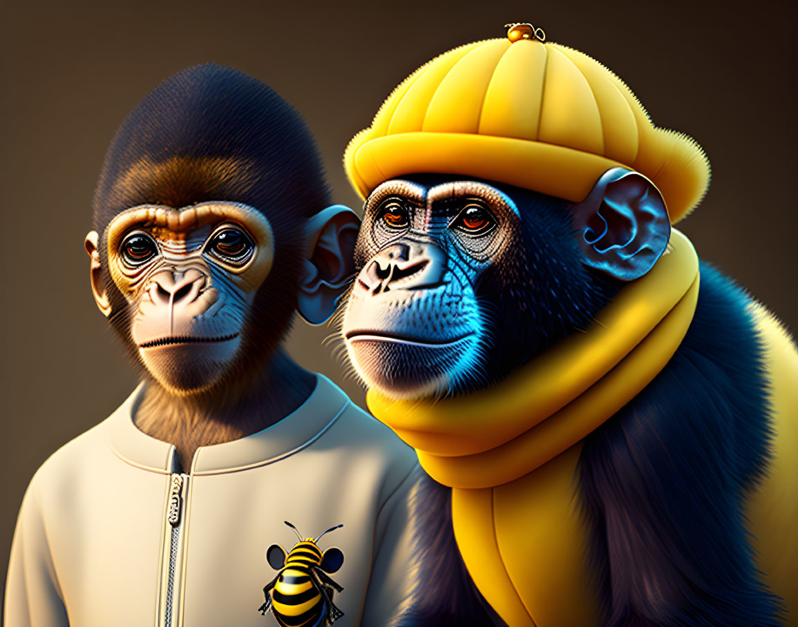 Anthropomorphized monkeys in unique outfits contemplating.