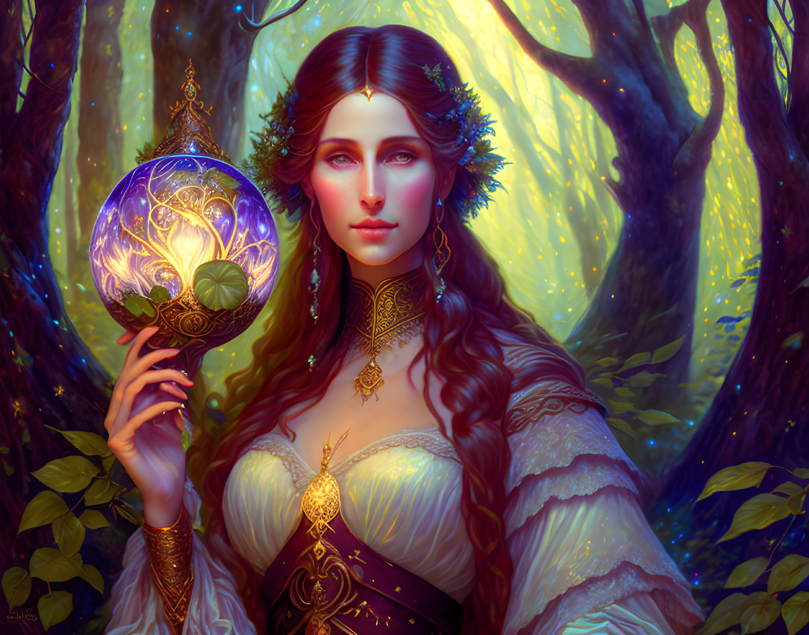 Mystical woman with glowing orb in enchanted forest