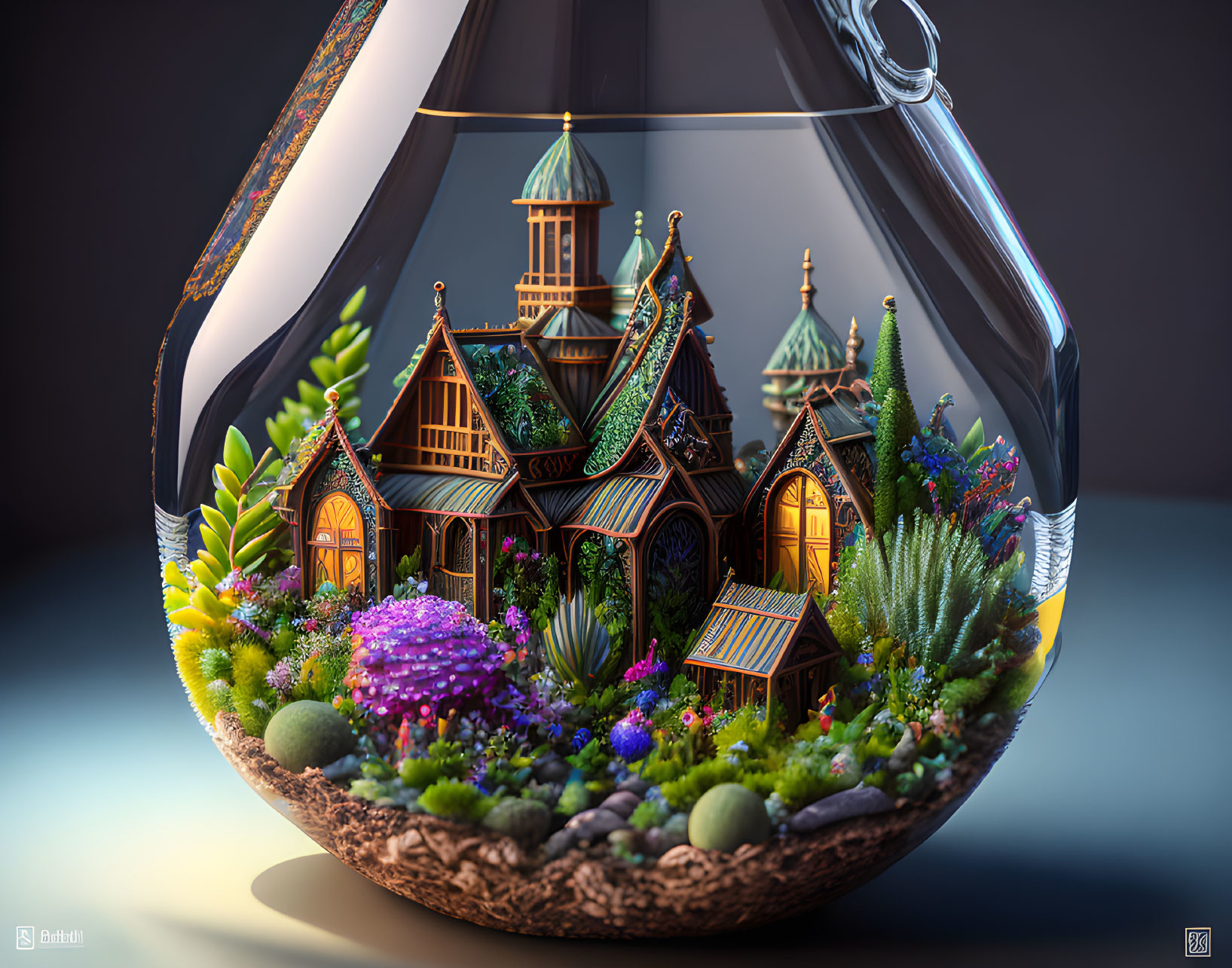 Intricate miniature fantasy village in transparent terrarium surrounded by lush plants