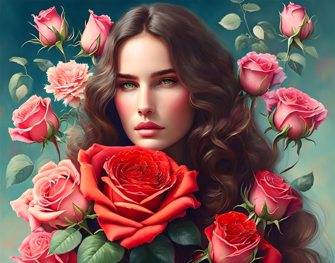 Portrait of Woman with Flowing Hair Among Pink and Red Roses on Teal Background