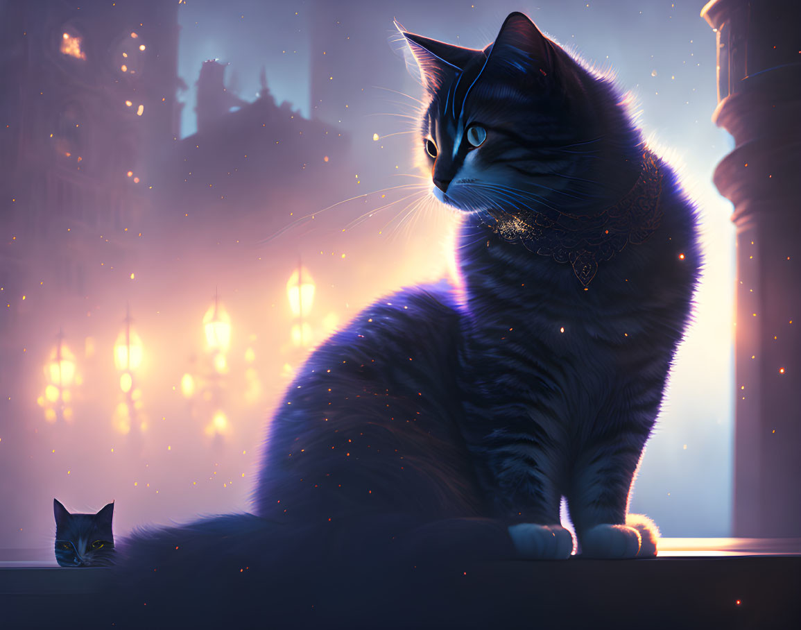 Two cats with striking fur in mystical ambiance