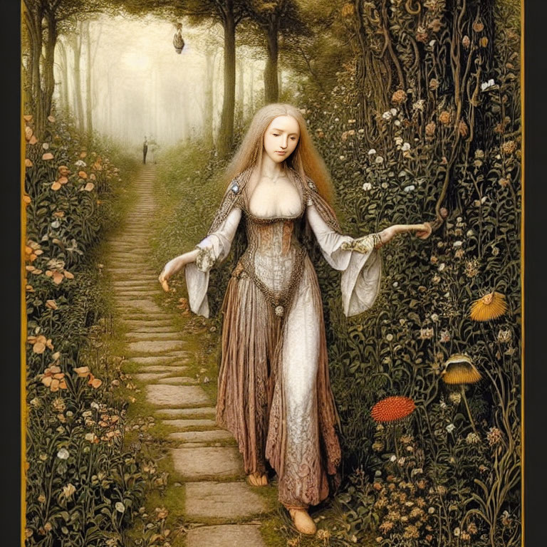 Medieval woman in flowing attire on forest path with mushrooms