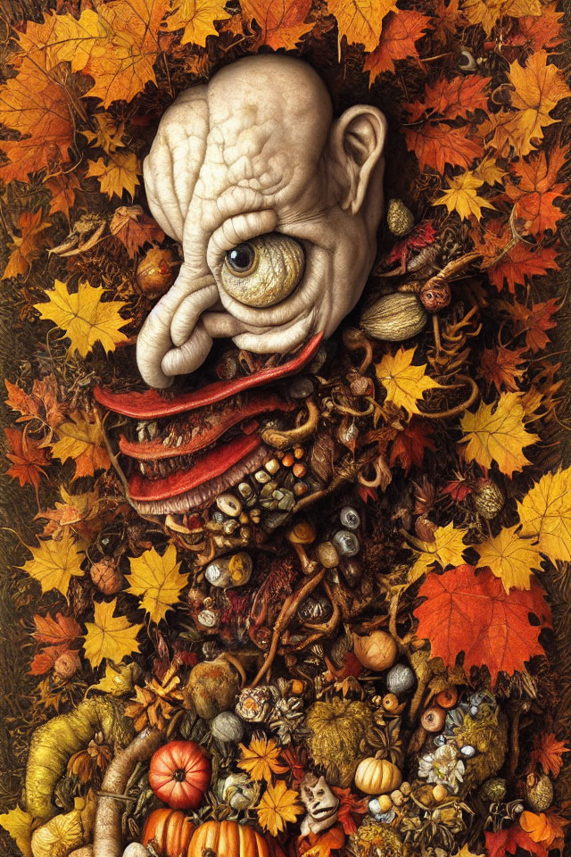 Surrealist artwork featuring grotesque face, eye, tongue, autumn elements.