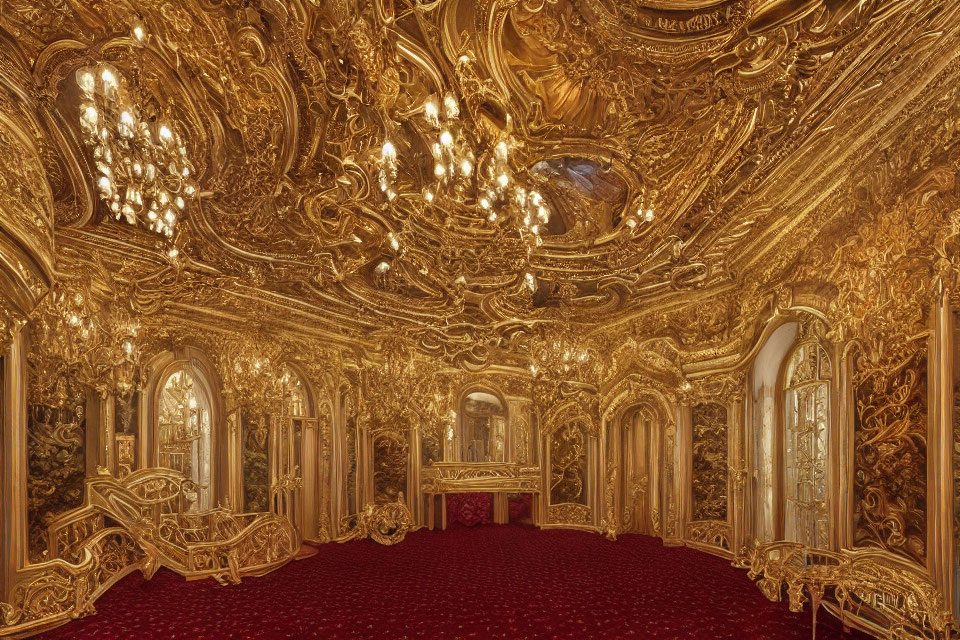 Luxurious Baroque Golden Room with Chandeliers and Red Carpet