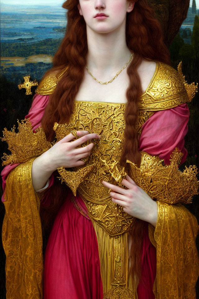 Medieval woman with red hair in golden embroidered attire.