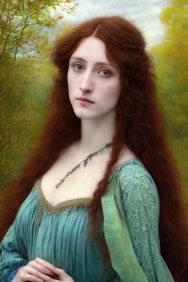 Woman with Long Red Hair in Vintage Green Dress and Blue Eyes