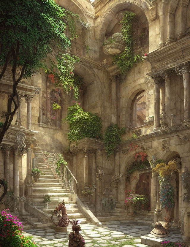 Ancient stone courtyard with overgrown greenery, spiral staircases, figures, and a horse