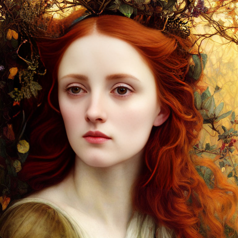 Portrait of Woman with Red Hair Surrounded by Autumn Leaves