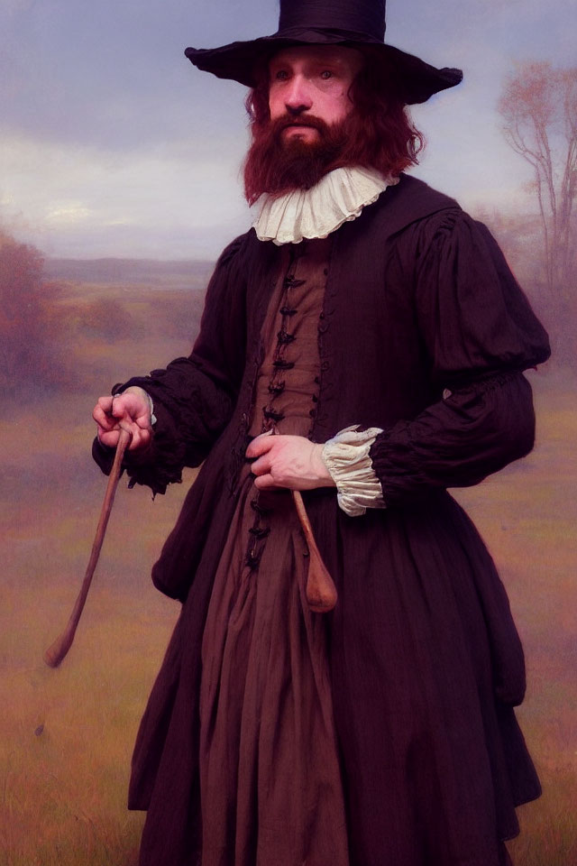 Bearded person in historical attire with walking stick in misty background