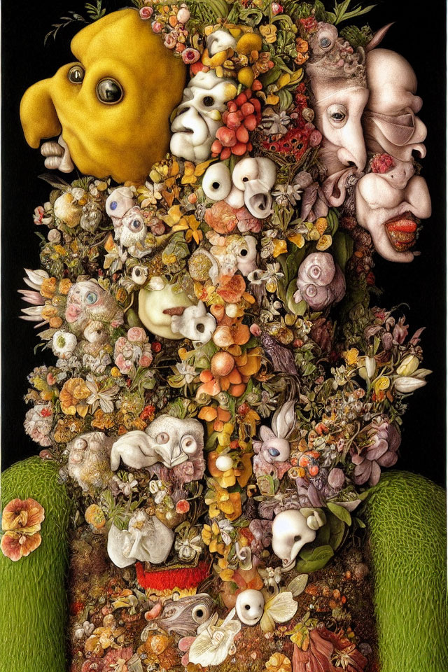 Vibrant surreal portrait blending faces and flora on black background