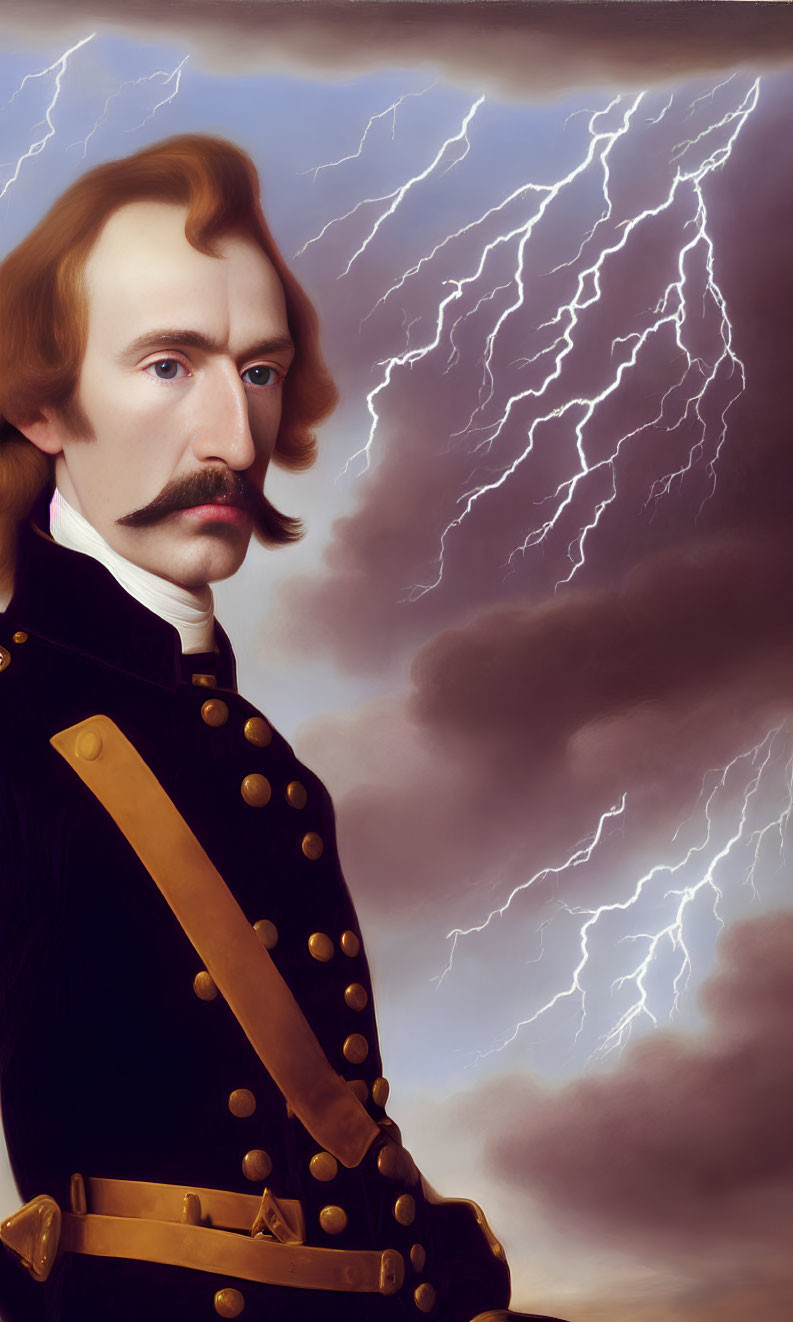 Portrait of a man with mustache in military uniform with lightning backdrop