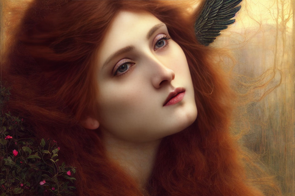 Digital painting of woman with red hair and feather in warm backdrop